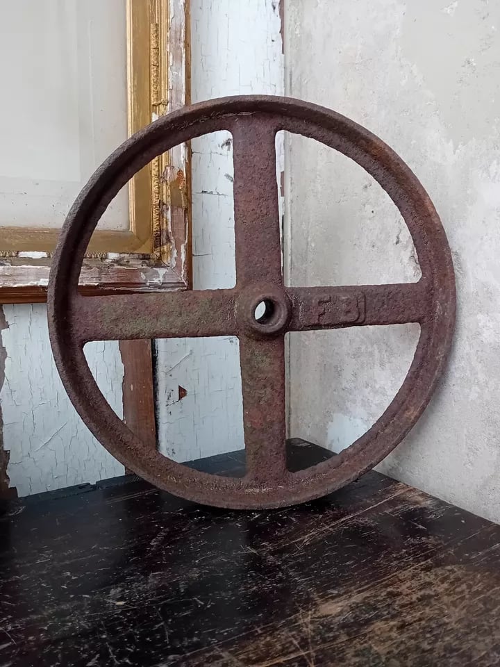 Image of Antique Vintage Cast Iron Wheel Herb Garden Rustic Country Architectural Décor
