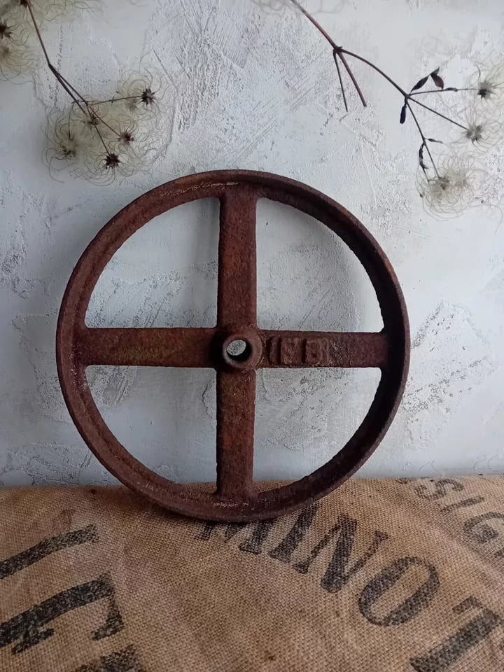 Image of Antique Vintage Cast Iron Wheel Herb Garden Rustic Country Architectural Décor