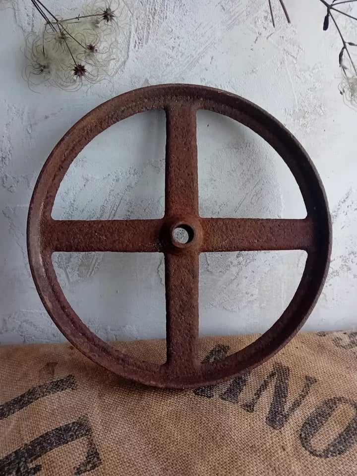 Image of Antique Vintage Cast Iron Wheel Herb Garden Rustic Country Architectural Décor