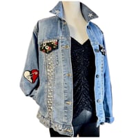 Image 2 of  Womens Uniqlo Stretch Denim jacket SZ - L. Revamped Silver studs pin up girl, old school tattoo