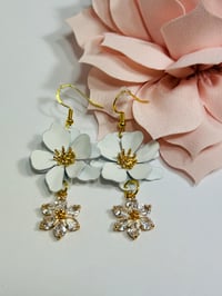 Image 1 of White & Rhinestone Flower Earrings