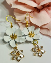 Image 2 of White & Rhinestone Flower Earrings