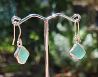 Image 2 of Genuine Sea Glass Earrings, Sterling Silver, Earring Drops. Sea Foam Green with Teal Tinge. Open ...