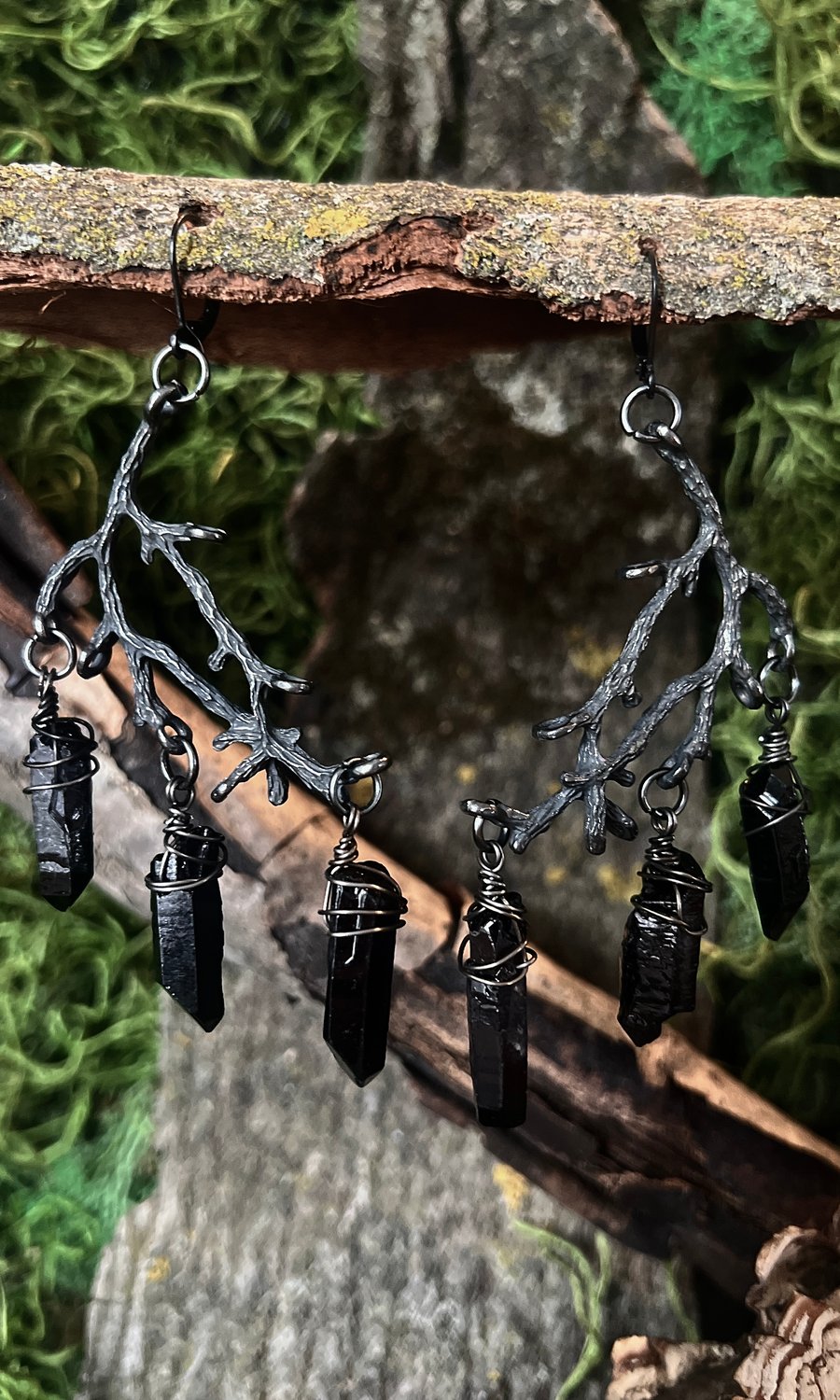 Image of OXIDIZED BLACK CRYSTAL BRANCH EARRINGS