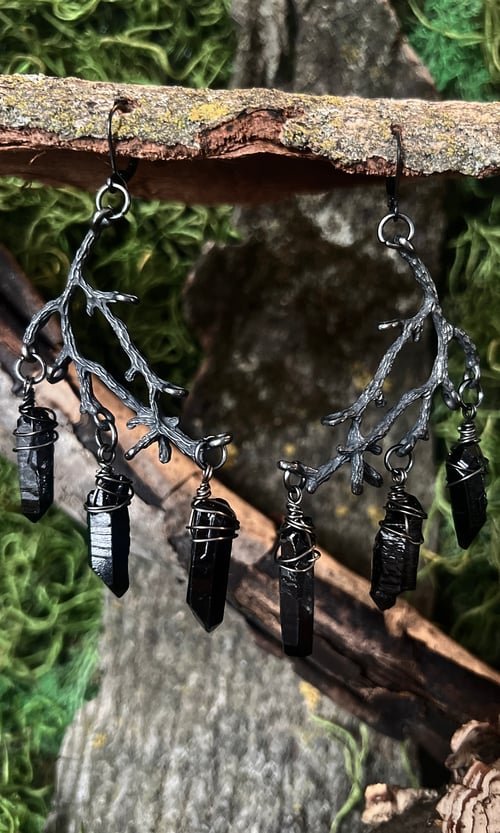 Image of OXIDIZED BLACK CRYSTAL BRANCH EARRINGS