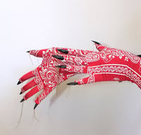 Image 1 of Nail Gloves Red Bandana Stretchy fabric with Chains HANDMADE, Custom Nail Gloves Options Available