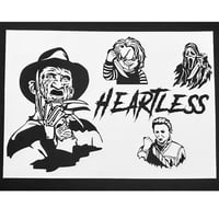 Image 2 of Why are you so HEARTLESS? Horror Black T-Shirt w/ Freddy, Jason, Ghostface, and Chuky