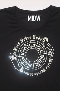 Image 4 of Walter Mercado Horoscope "Pero Sobre Todo Mucho Mucho Amor" Black Boxy Women Top with Silver Design