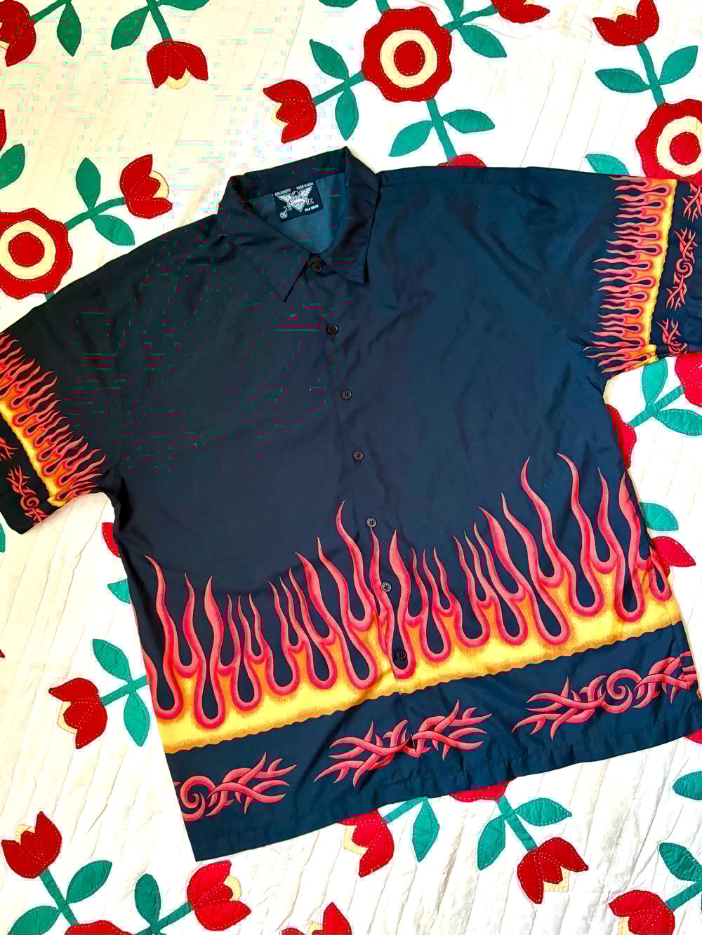 Image of y2k tribal flames button up