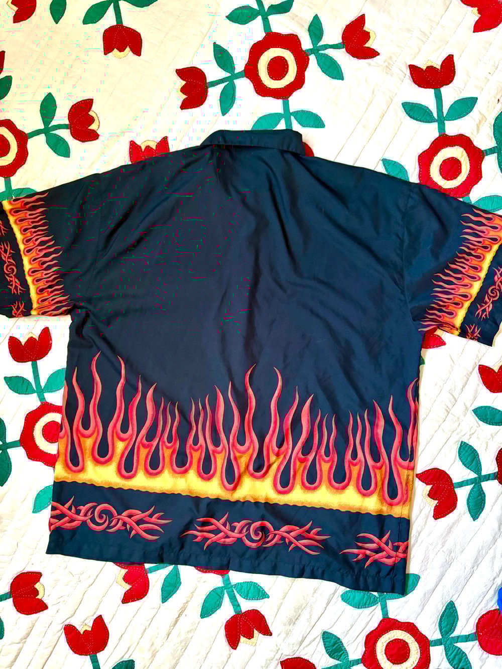 Image of y2k tribal flames button up