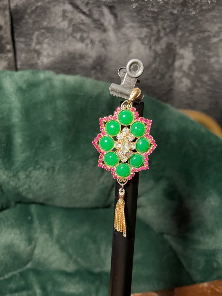 Image of Vintage Juliana Iconic For Studio Girl of Hollywood Green Jade Cabochons X Magenta Tassle Brooch