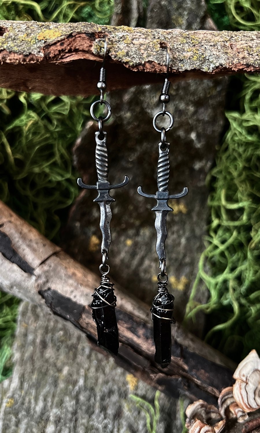 Image of GALVINIZED SWORD EARRINGS WITH BLACK QUARTZ