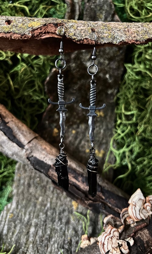 Image of GALVINIZED SWORD EARRINGS WITH BLACK QUARTZ
