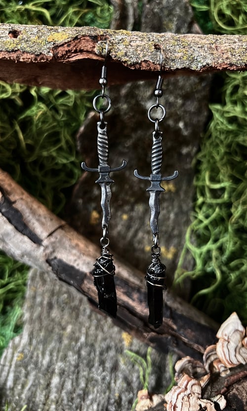 Image of GALVINIZED SWORD EARRINGS WITH BLACK QUARTZ