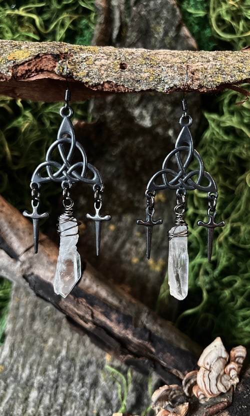 Image of OXIDIZED TRIQUETRA QUARTZ AND SWORD EARRINGS