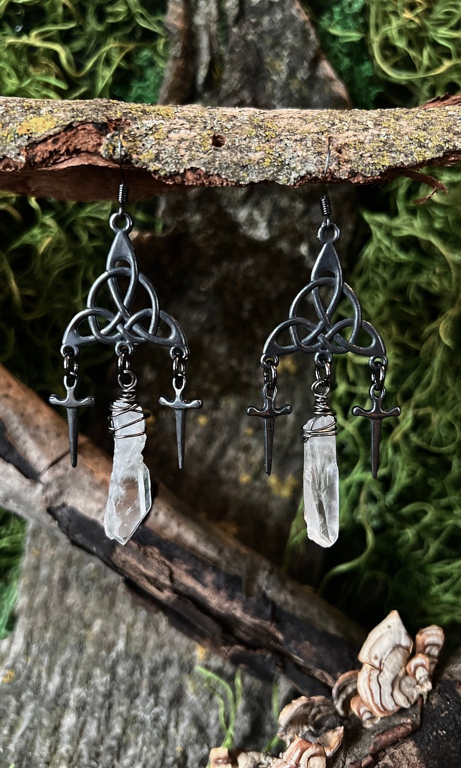 Image of OXIDIZED TRIQUETRA QUARTZ AND SWORD EARRINGS