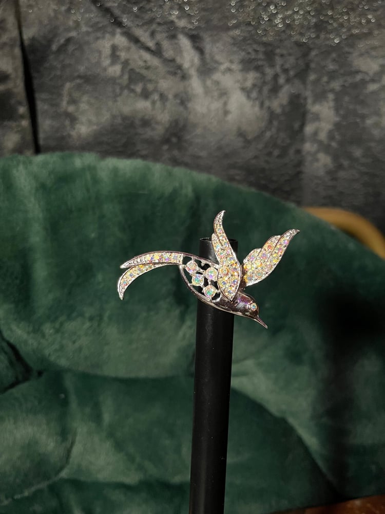Image of Sarah Coventry Vintage Aurora Borealis Rhinestone 2.25" Hummingbird Brooch