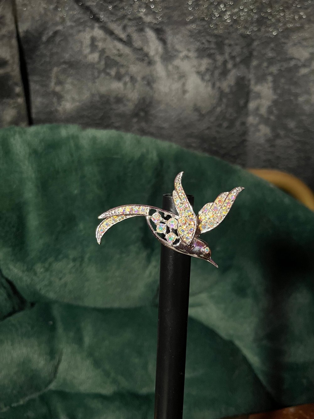 Image of Sarah Coventry Vintage Aurora Borealis Rhinestone 2.25" Hummingbird Brooch