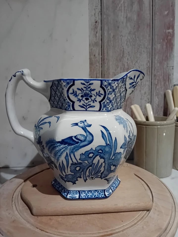 Image of Vintage Blue & White Daffodil Jug Oriental Wood & Sons c.1900