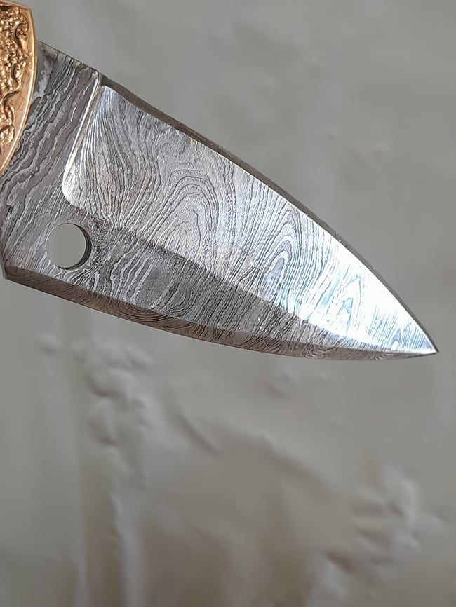 Luxury Handmade Damascus Folding Knife Decorated Engraved Brass Handle Leather Sheath Gift