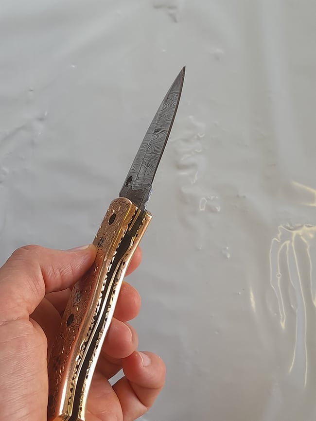 Luxury Handmade Damascus Folding Knife Decorated Engraved Brass Handle Leather Sheath Gift