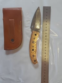 Image 6 of Luxury Handmade Damascus Folding Knife Decorated Engraved Brass Handle Leather Sheath Gift