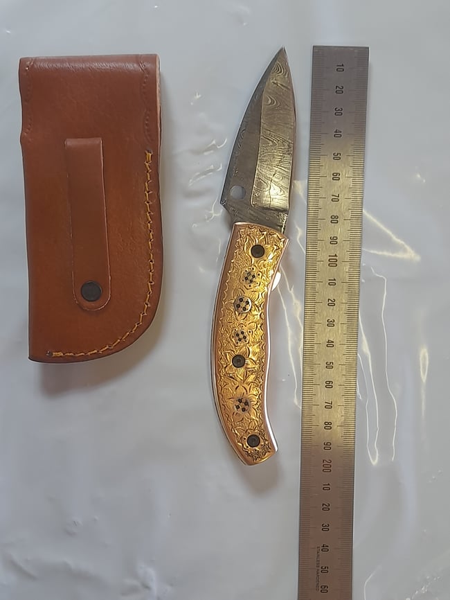 Luxury Handmade Damascus Folding Knife Decorated Engraved Brass Handle Leather Sheath Gift