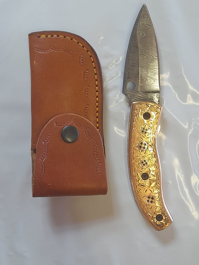 Luxury Handmade Damascus Folding Knife Decorated Engraved Brass Handle Leather Sheath Gift
