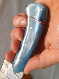 Image 3 of Hand Forged Damascus Fixed Knife Tanto Point Blue Bone Handle Leather Sheath