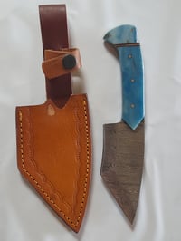 Image 4 of Hand Forged Damascus Fixed Knife Tanto Point Blue Bone Handle Leather Sheath