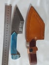 Hand Forged Damascus Fixed Knife Tanto Point Blue Bone Handle Leather Sheath