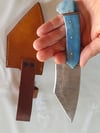 Hand Forged Damascus Fixed Knife Tanto Point Blue Bone Handle Leather Sheath
