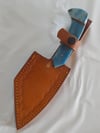 Hand Forged Damascus Fixed Knife Tanto Point Blue Bone Handle Leather Sheath