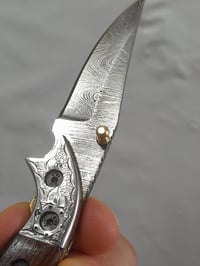 Image 3 of Hand Forged Damascus Folding Knife Luxury Mosaic Pin Black Wood Handle Leather Sheath