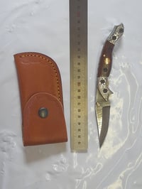 Image 1 of Hand Forged Damascus Folding Knife Luxury Mosaic Pin Black Wood Handle Leather Sheath