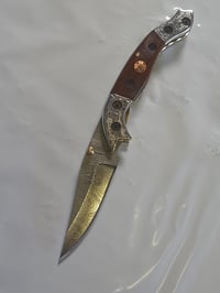 Image 4 of Hand Forged Damascus Folding Knife Luxury Mosaic Pin Black Wood Handle Leather Sheath