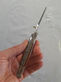 Image 6 of Hand Forged Damascus Folding Knife Luxury Mosaic Pin Black Wood Handle Leather Sheath