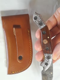 Image 5 of Hand Forged Damascus Folding Knife Luxury Mosaic Pin Black Wood Handle Leather Sheath