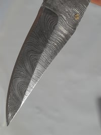 Image 8 of Hand Forged Damascus Folding Knife Luxury Mosaic Pin Black Wood Handle Leather Sheath