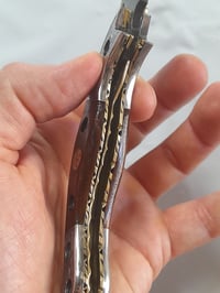 Image 7 of Hand Forged Damascus Folding Knife Luxury Mosaic Pin Black Wood Handle Leather Sheath