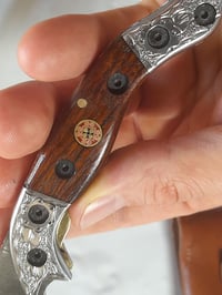 Image 2 of Hand Forged Damascus Folding Knife Luxury Mosaic Pin Black Wood Handle Leather Sheath