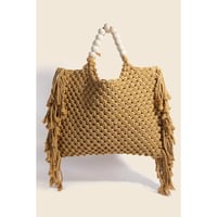 Image 1 of Wooden Beaded Handle Braided Tote Bag