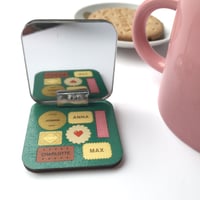 Image 2 of Personalised Pocket Mirror Keyring for Mum's - Vintage Biscuit Tin Design