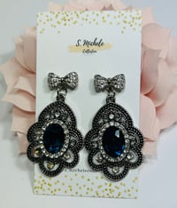 Image 1 of Navy Blue Antique Rhinestone Bow Earrings