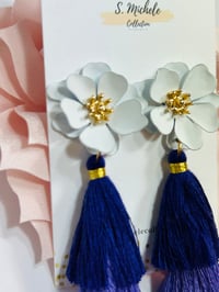 Image 2 of White Flower w Purple Tassel Earrings