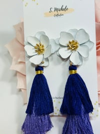 Image 3 of White Flower w Purple Tassel Earrings