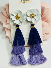 Image 1 of White Flower w Purple Tassel Earrings