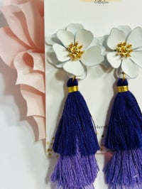 Image 4 of White Flower w Purple Tassel Earrings
