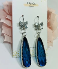 Image 1 of Rhinestone Bow w Navy Blue Drop Earrings