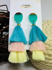 Image 1 of Baby Blue & Pink Tiered Tassel Drop Earrings